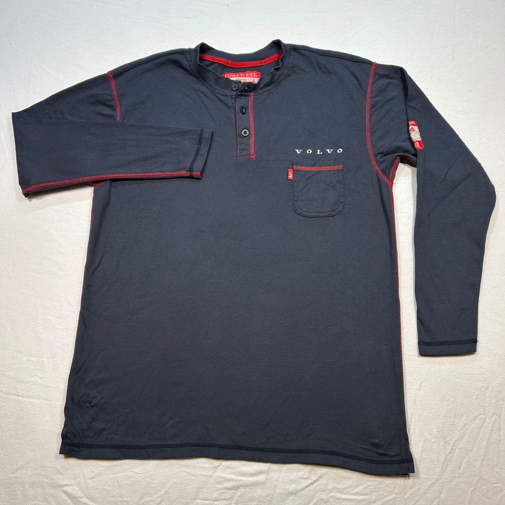 Volvo Workwear Pocket Portwest Henley Shirt XL Mens Navy Blue FR Flame Resistant